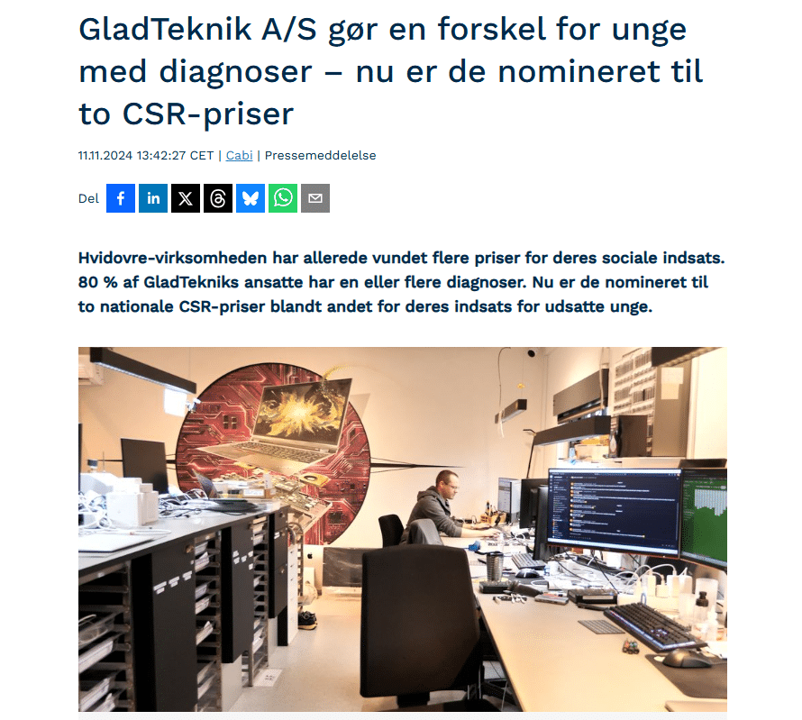GladTeknik A/S gør en forskel for unge med diagnoser – nu er de nomineret til to CSR-priser